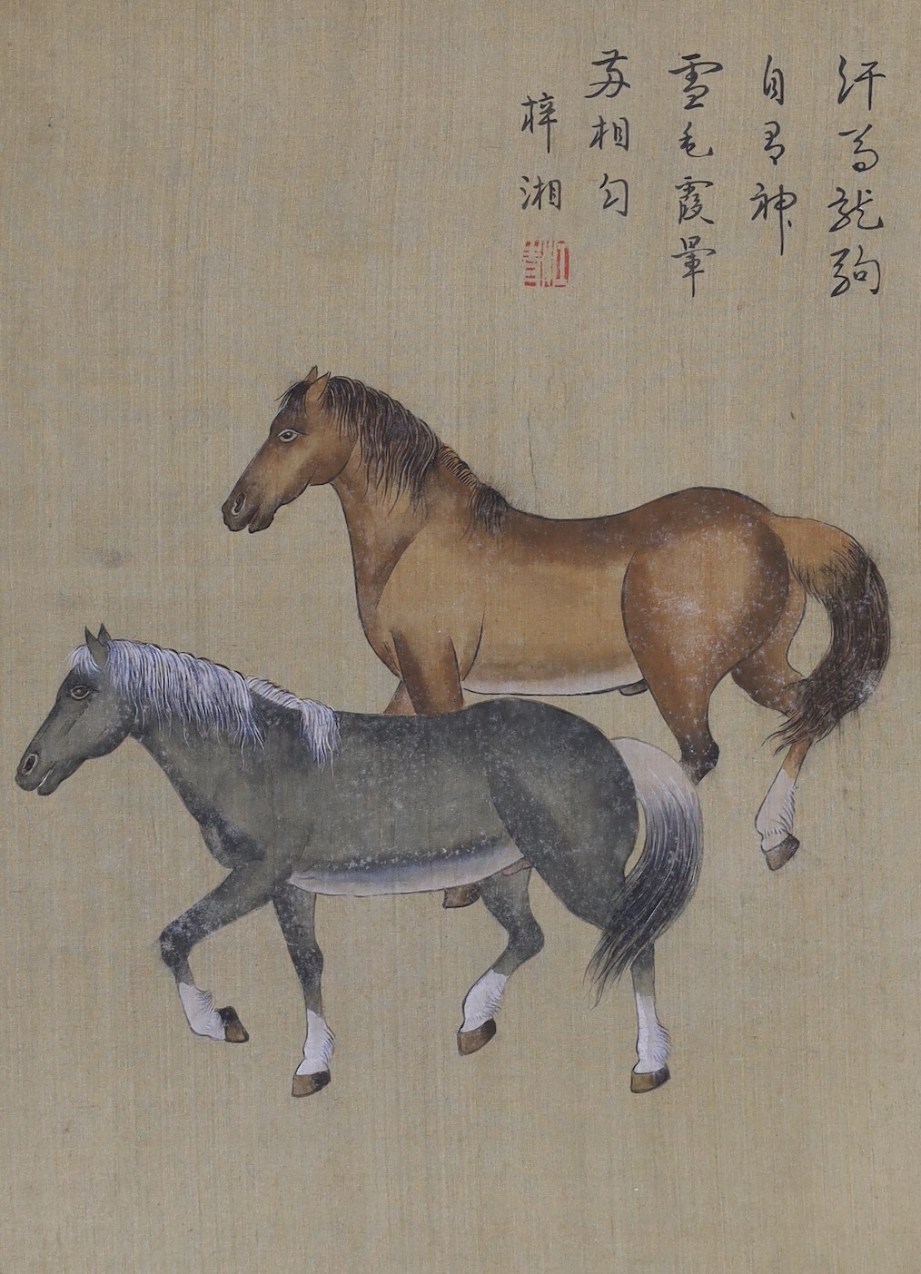 Chinese School, early 20th century, album of 6 paintings on silk of horses, 29 x 21cm